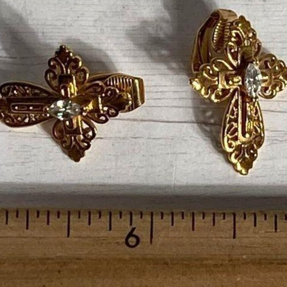 14K Gold Plated; Cross; Clip On Earrings; Clear Stone; 5.1 Grams